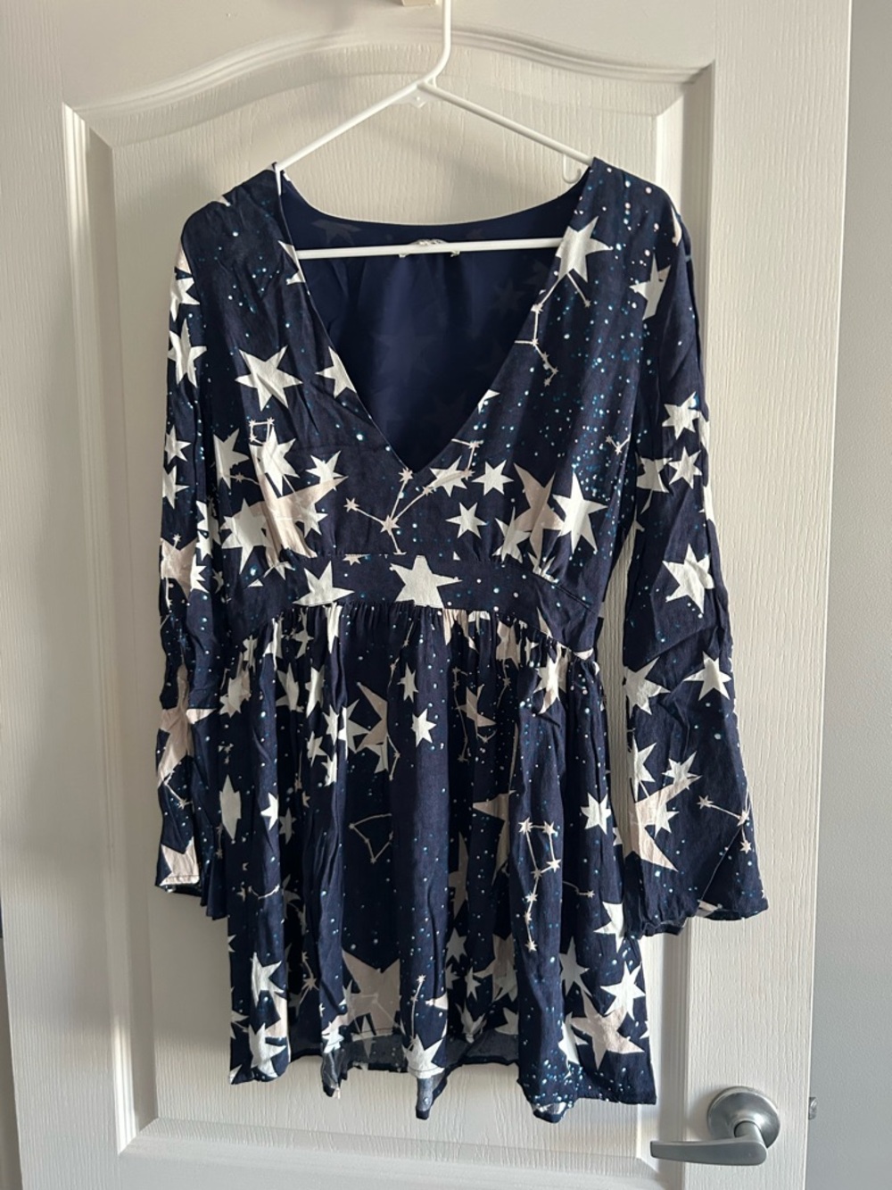 Blue Star Print V-Neck Babydoll Mini Dress